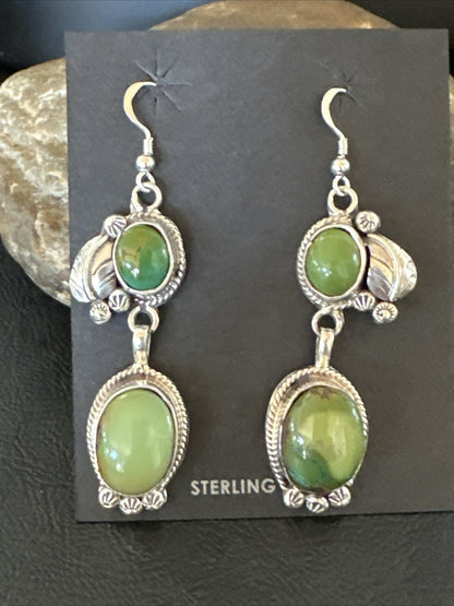 Native Navajo Green Turquoise Sterling Silver Dangle Earrings 2” 17697