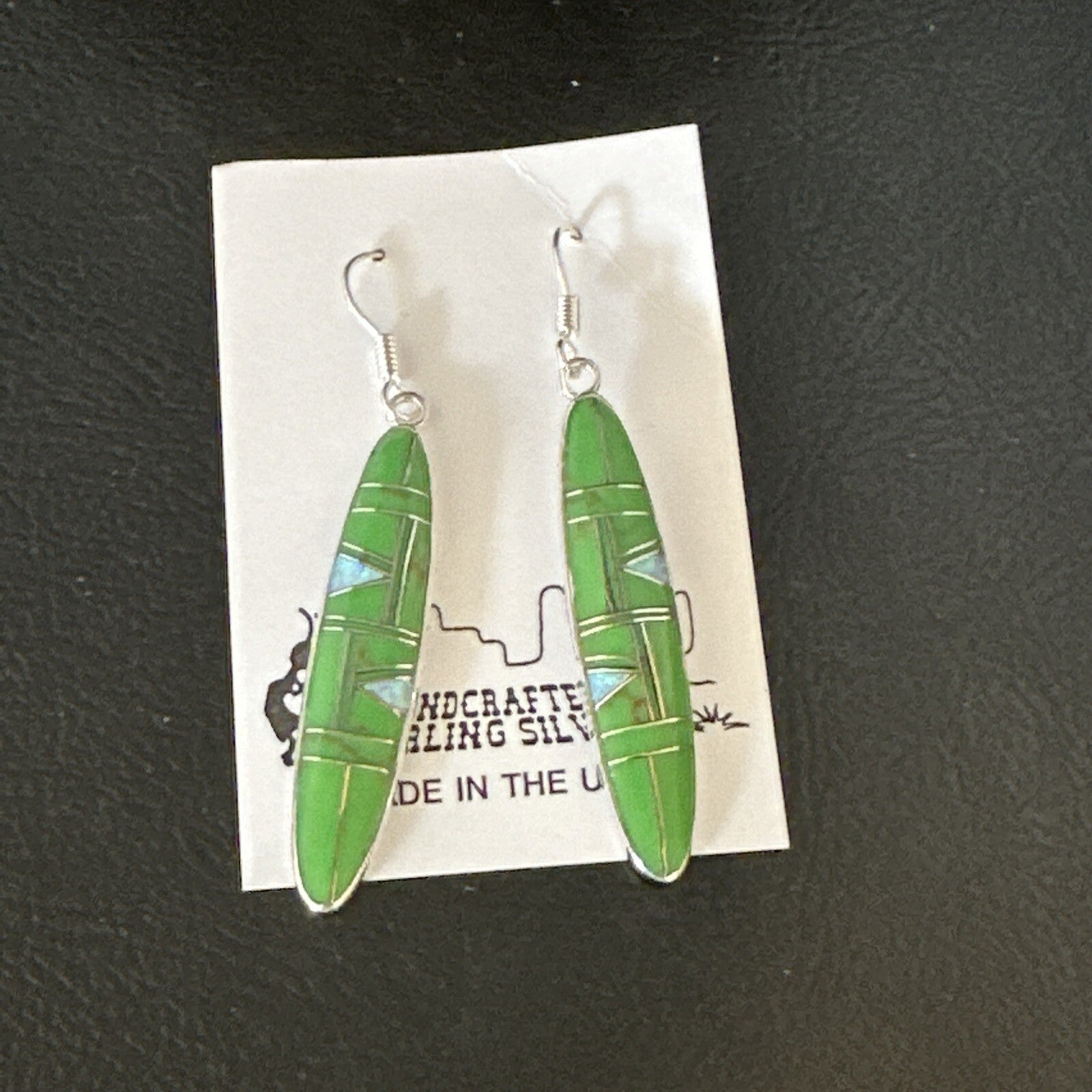 Green Gaspiete Southwestern Sterling Silver Inlay Earrings 1.5” 14933