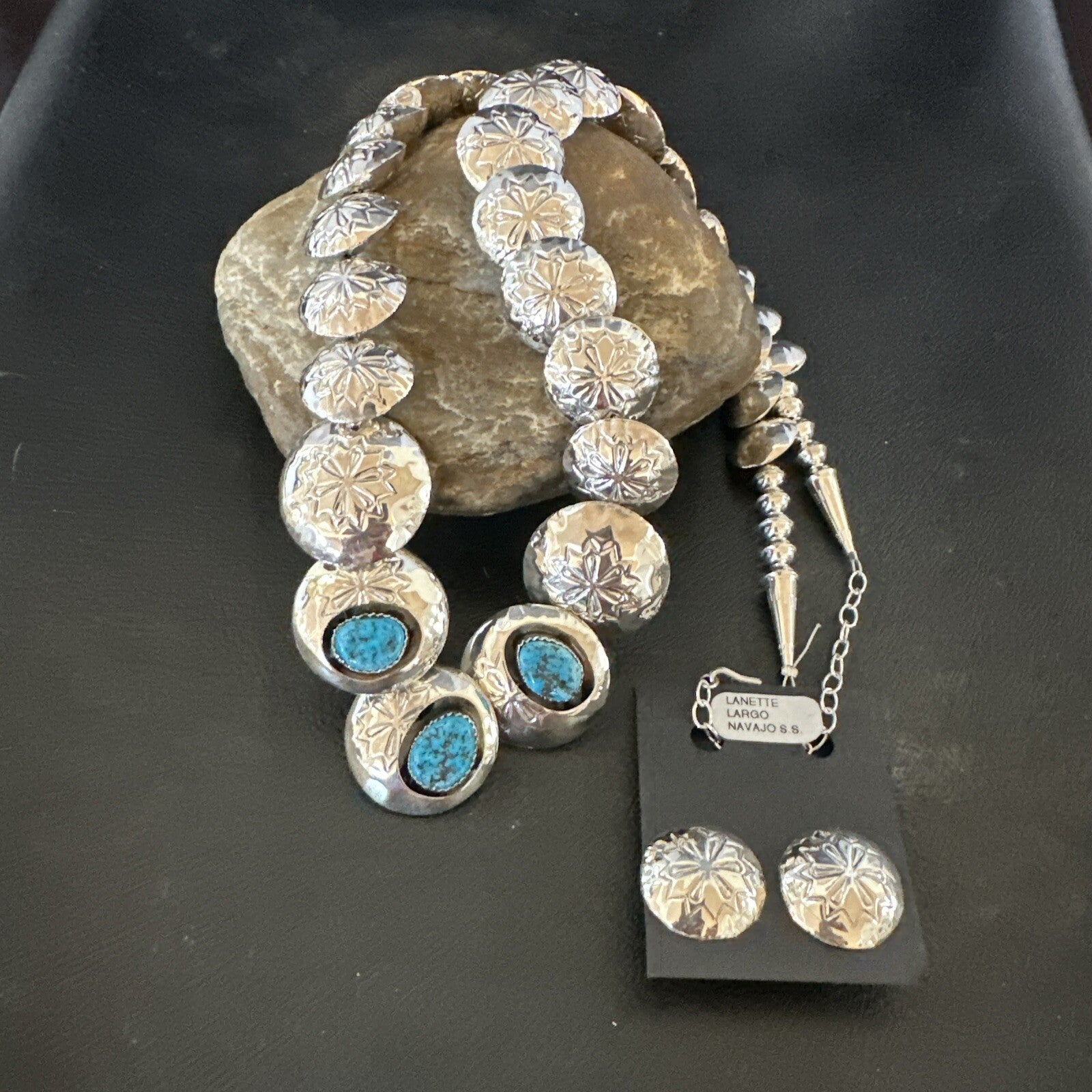 Kingman Turquoise Pillow Bead Navajo Sterling Silver Necklace Earrings 24" 17768