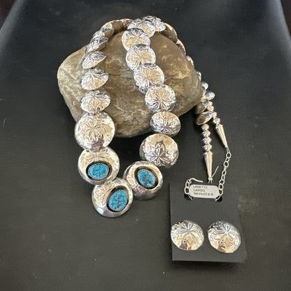 Kingman Turquoise Pillow Bead Navajo Sterling Silver Necklace Earrings 24" 17768
