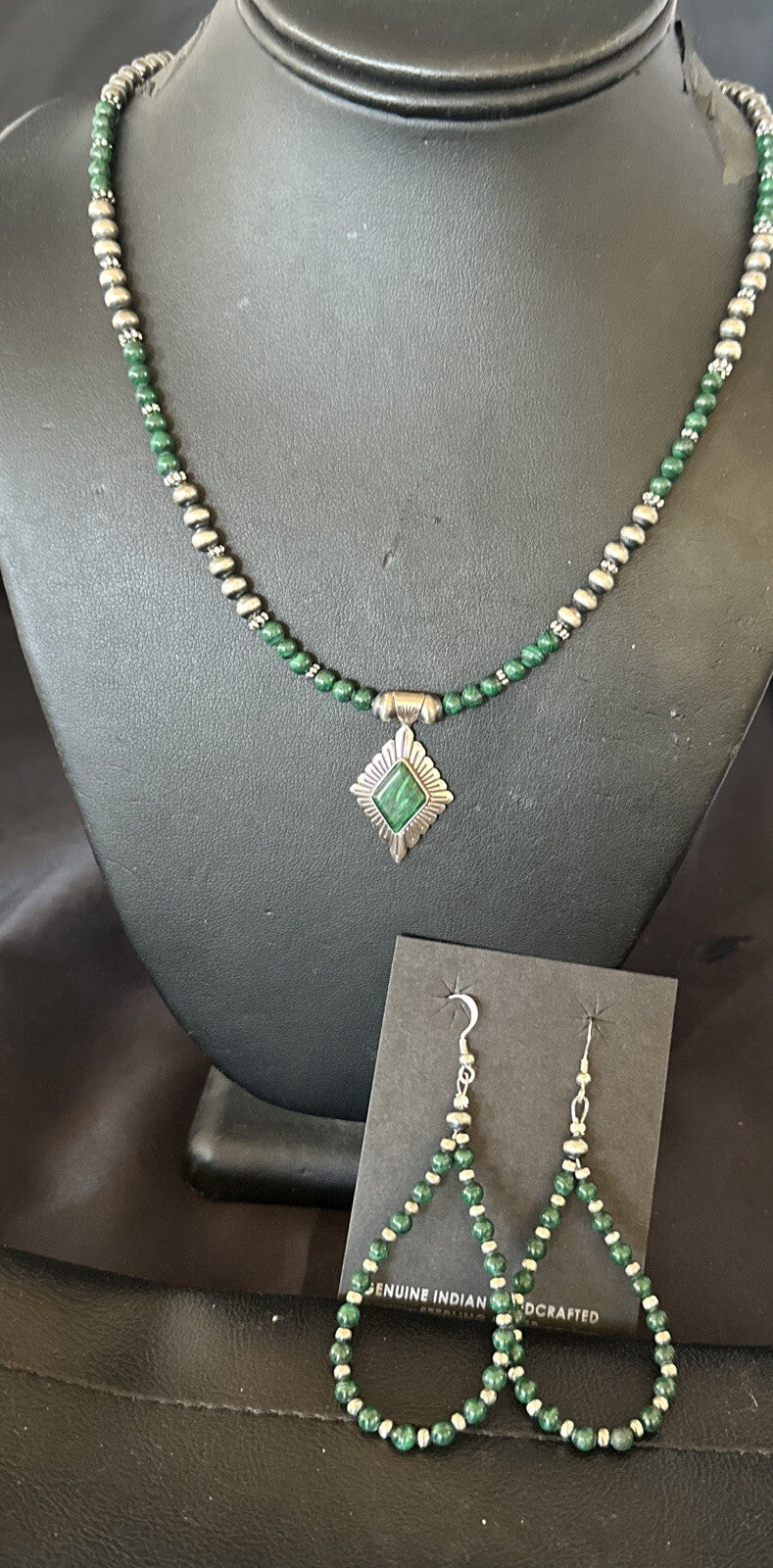 Womens Green Malachite Pendant Navajo Sterling Silver Necklace Earrings 18374