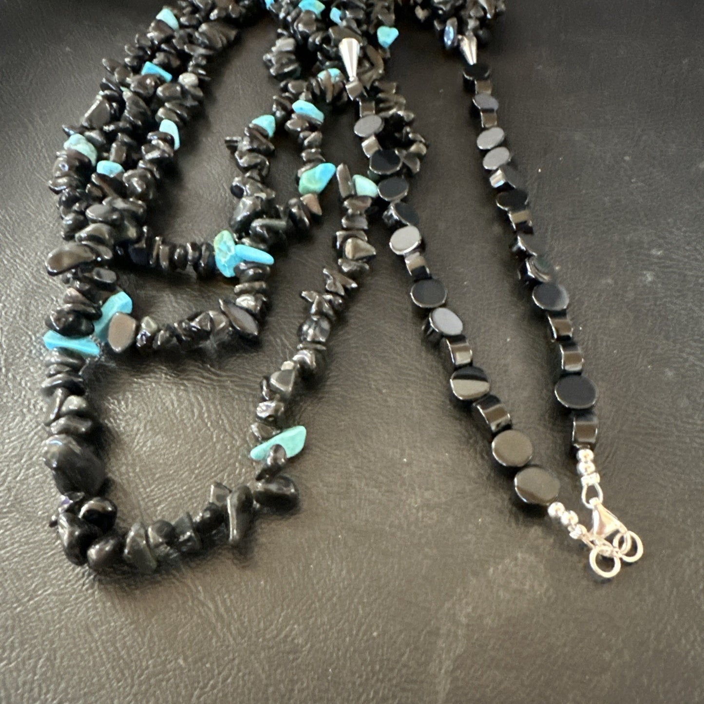Sterling NAVAJO Black Onyx Blue Turquoise 3S Silver Necklace 30” 19577
