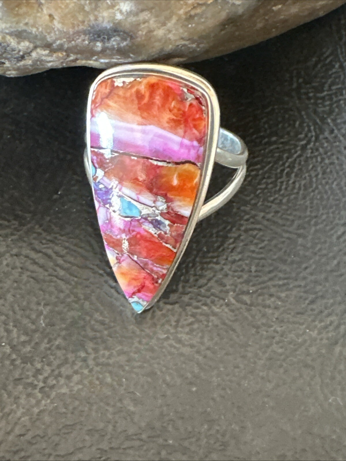 Blue Turquoise Spiny Oyster Southwestern Sterling Silver Ring Size 8.5 18545