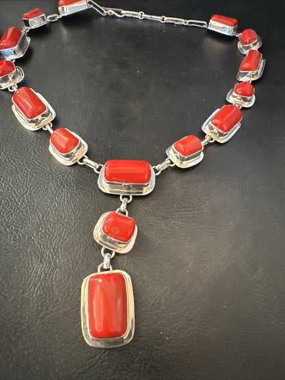Handmade Women Red Coral Lariat Necklace Pendant Sterling Silver 19” 18410