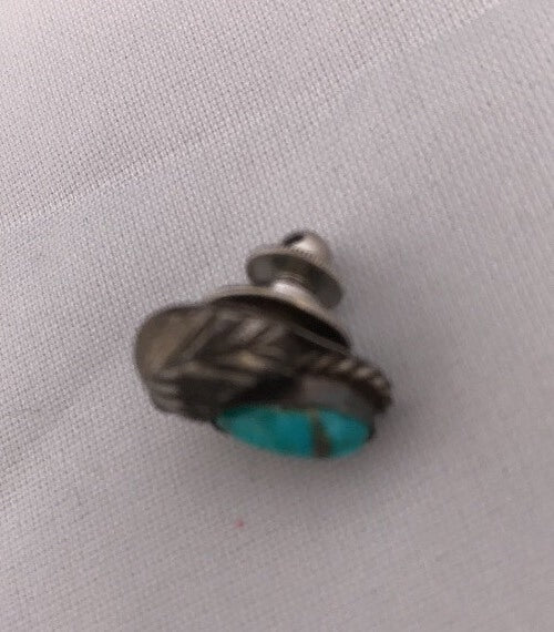 Native Turquoise Feather Tie Tag Sterling Silver Old Pawn Pin Ithaca 08013