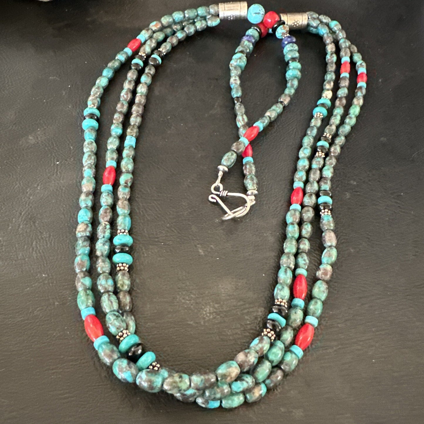 Mens Blue Spiderweb Turquoise Tube 3S Navajo Sterling Silver Necklace 30” 17886
