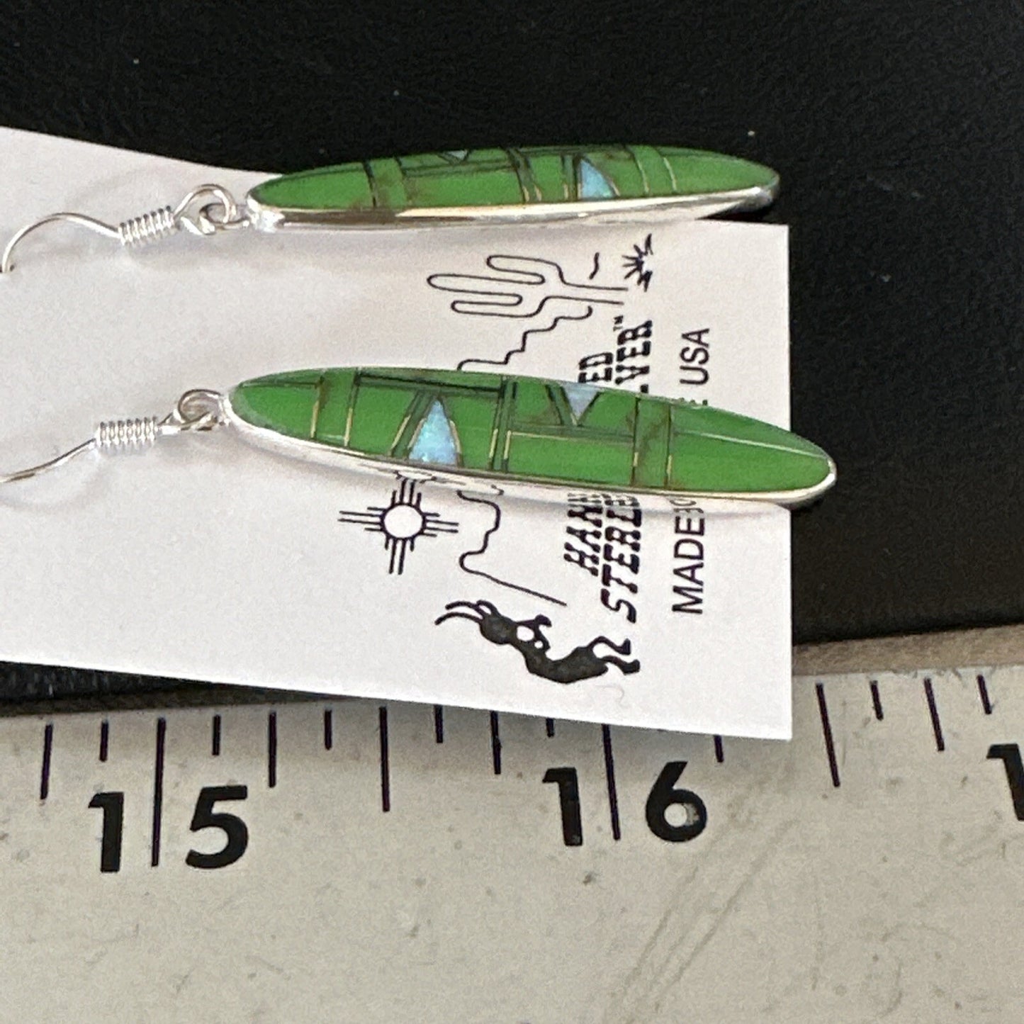 Green Gaspiete Southwestern Sterling Silver Inlay Earrings 1.5” 14933