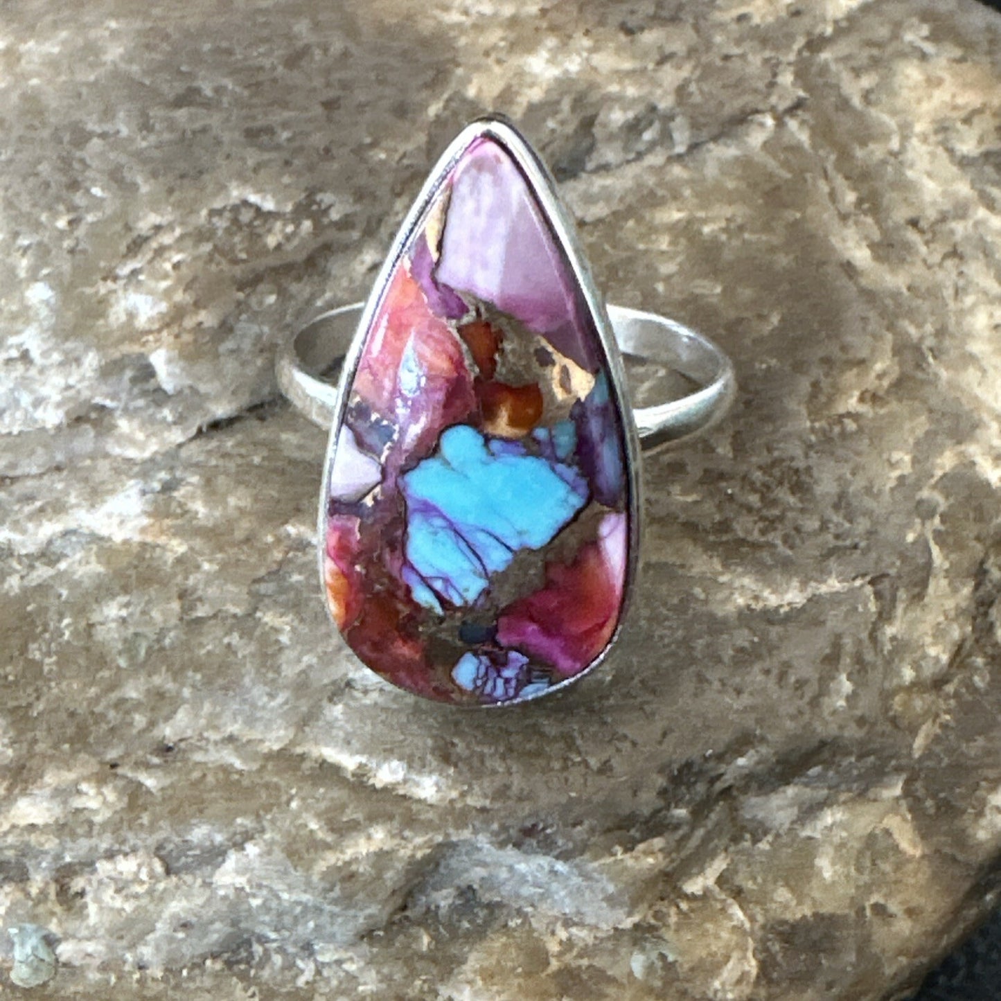 Blue Turquoise Spiny Oyster Southwestern Sterling Silver Ring Size 11 18454