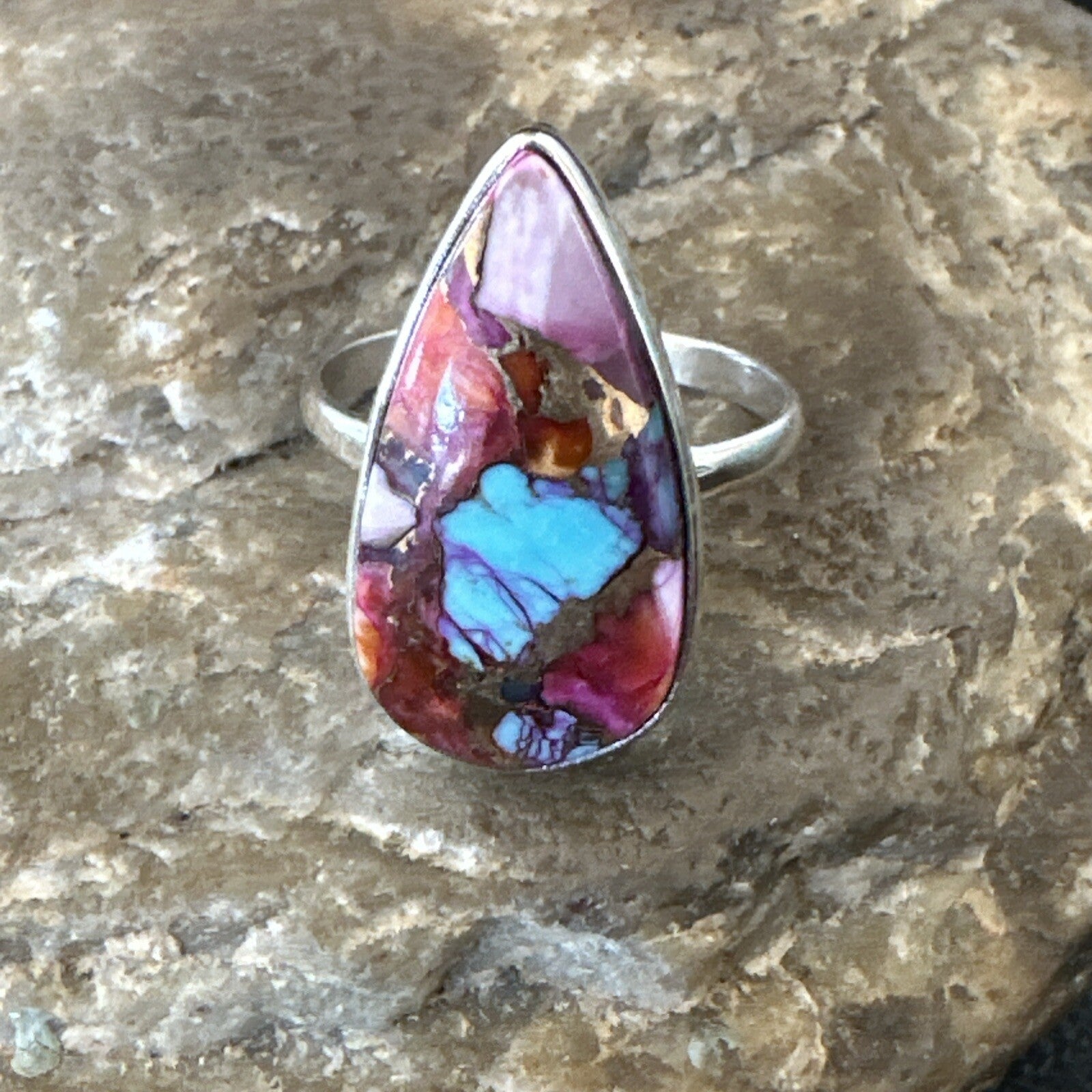 Blue Turquoise Spiny Oyster Southwestern Sterling Silver Ring Size 11 18454