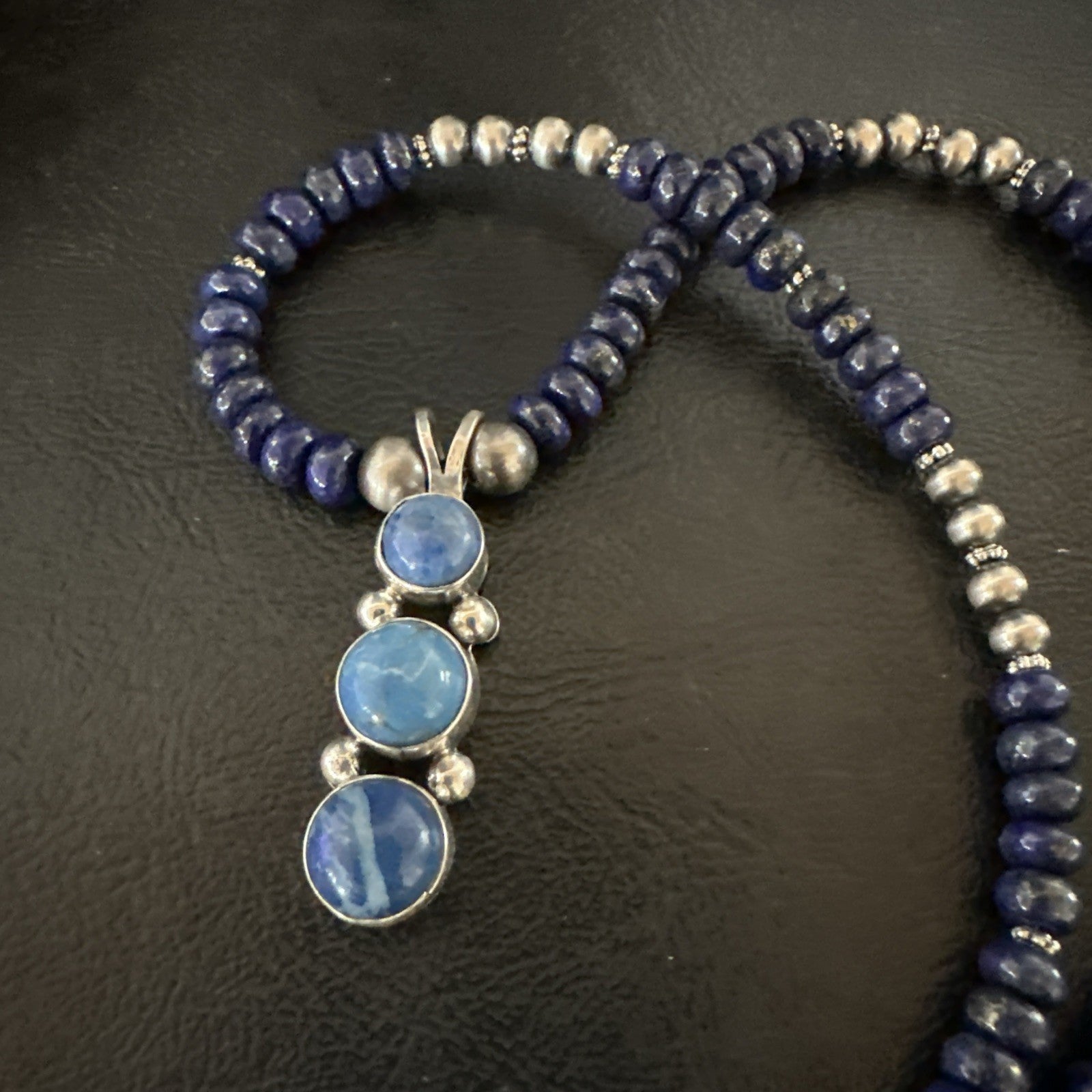 Handmade Blue Lapis Cluster Pendant NavajoSterling Silver Necklace 2" 19655