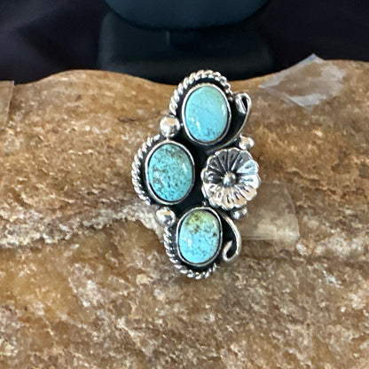 Yazzie Ring Blue Turquoise Navajo Sterling Silver Cluster Size 8 19219