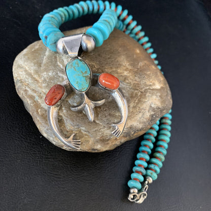 Royston Navajo Sterling Silver Blue Turquoise Coral Necklace Naja Pendant 13745