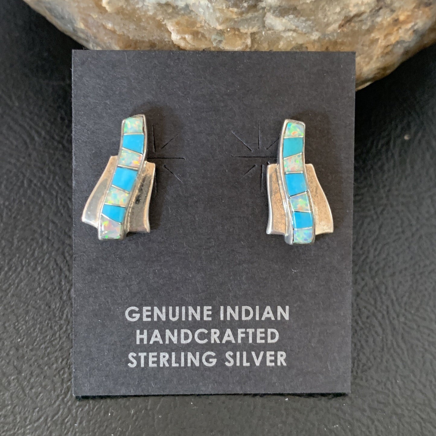 Womens Blue Turquoise & White Opal Navajo Sterling Silver Inlay Earrings 12898