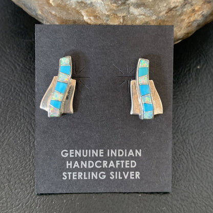 Womens Blue Turquoise & White Opal Navajo Sterling Silver Inlay Earrings 12898
