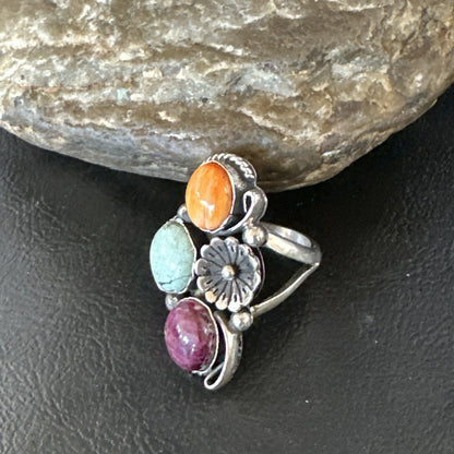 Multicolor Ring Turquoise Spiny Navajo Sterling Silver Cluster Size 8 19170