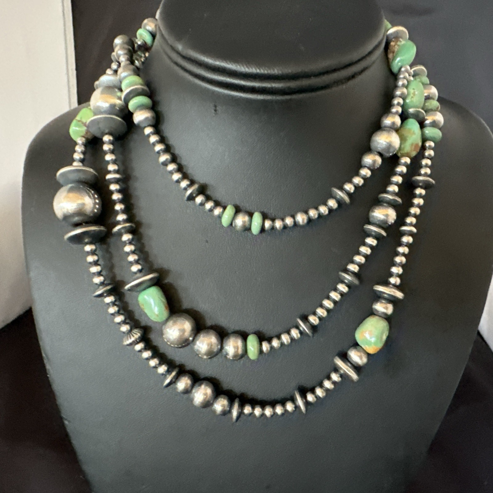 Native Navajo Sterling Silver Beads Green Royston Turquoise 48in Necklace 19116