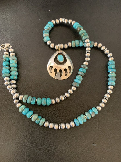 Bear Paw Navajo Sterling Silver Blue Kingman Turquoise Necklace Pendant 11693