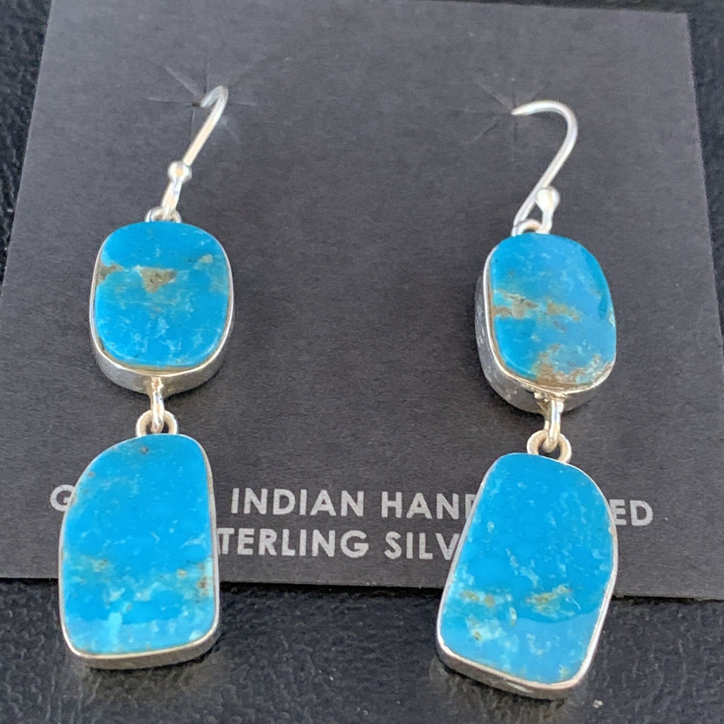Kingman Turquoise Handmade Navajo Sterling Silver Dangle Earrings 1.5" 14010