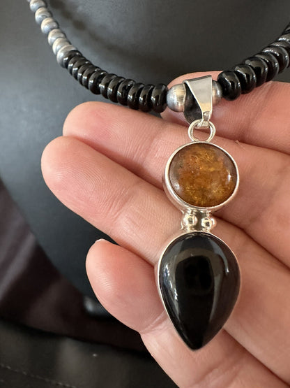 Mens Womens Black Onyx Amber Pendant Navajo Sterling Silver Necklace 18335