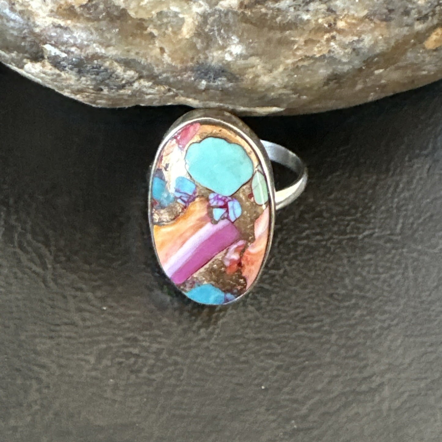 Blue Turquoise Spiny Oyster Navajo Sterling Silver Ring Size 8 18234