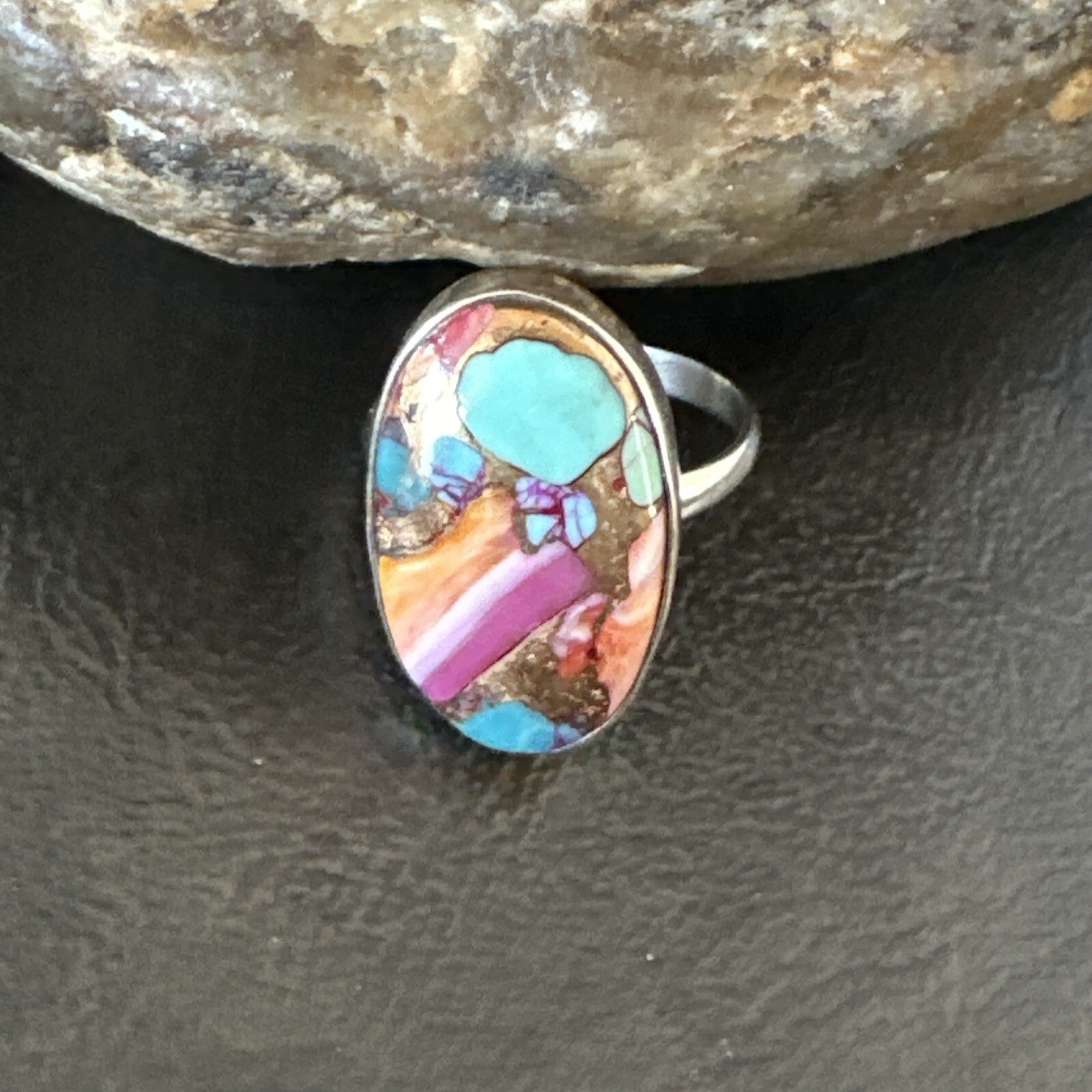 Blue Turquoise Spiny Oyster Navajo Sterling Silver Ring Size 8 18234