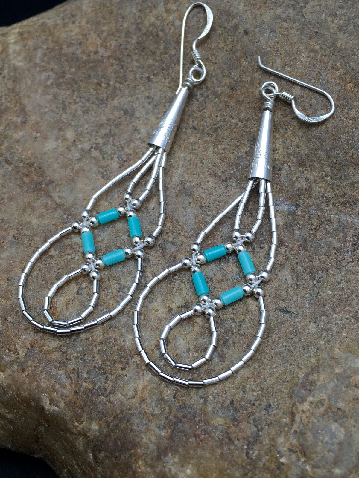 Blue Turquoise Tube Heishi Dangle Liquid Sterling Silver Earrings 2" 03100