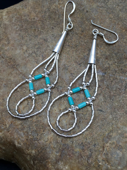 Blue Turquoise Tube Heishi Dangle Liquid Sterling Silver Earrings 2" 03100