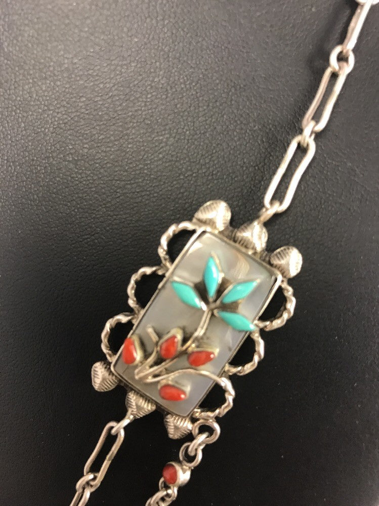 Turquoise & Coral Pendant Zuni Sterling Silver Museum Collectible Necklace 03029