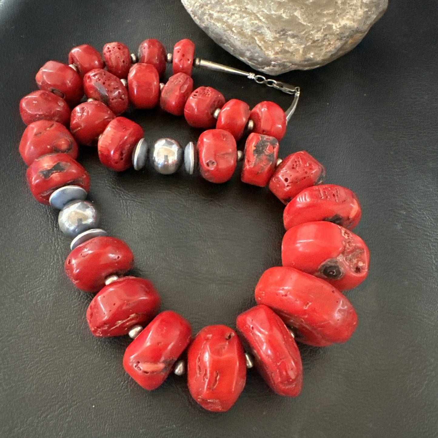 Chunky Navajo Red Bamboo Coral Sterling Silver Bead Necklace 24” Graduated 19530