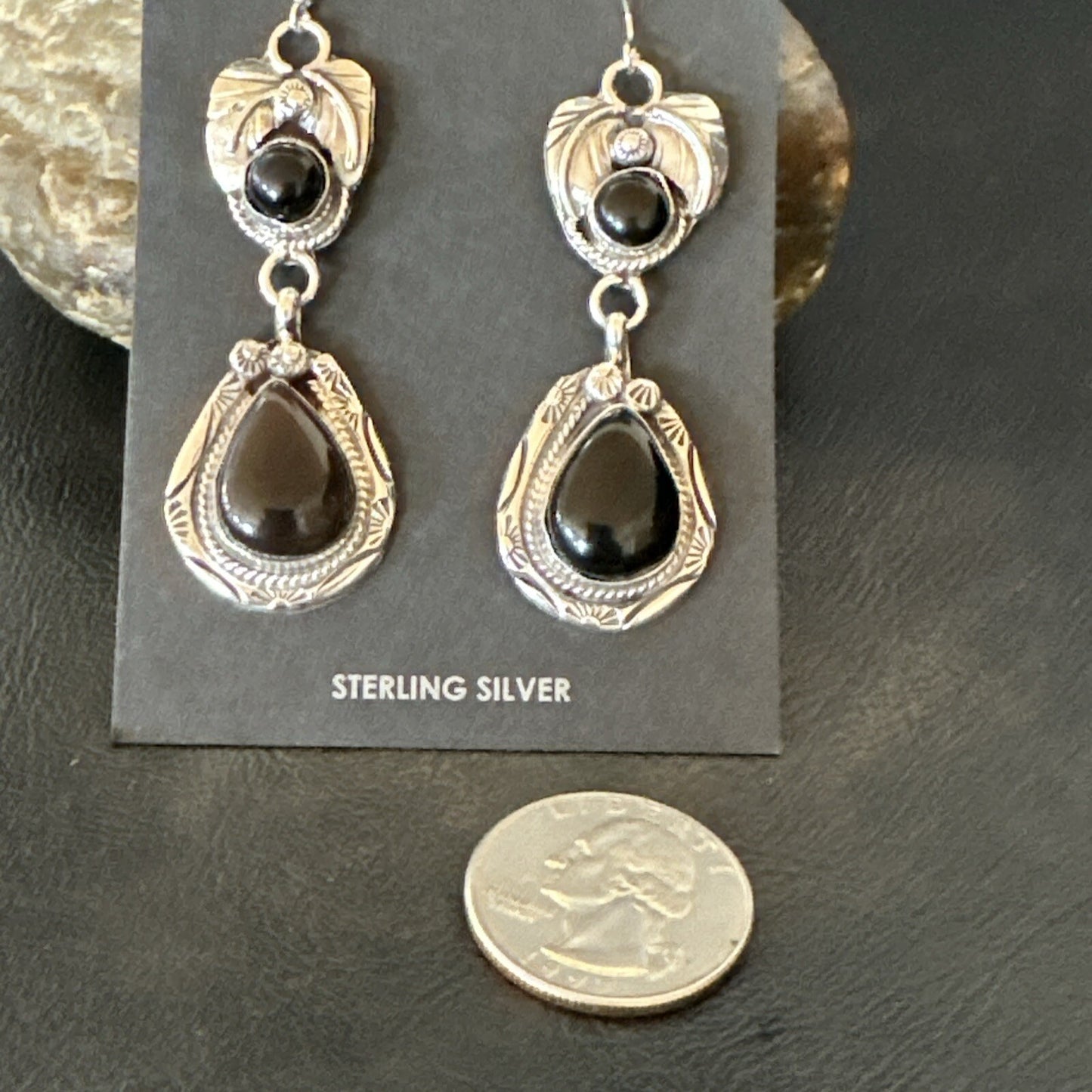 Black Onyx Navajo Sterling Silver Dangle Earrings 1.5" 18286