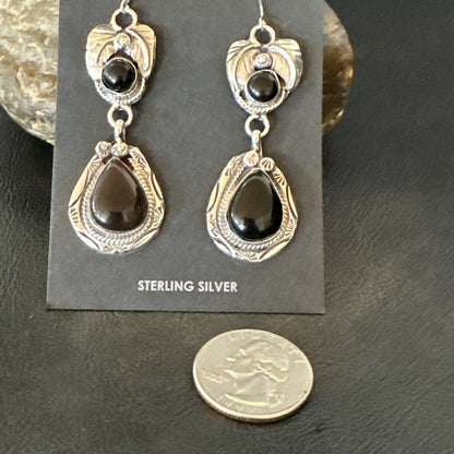 Black Onyx Navajo Sterling Silver Dangle Earrings 1.5" 18286