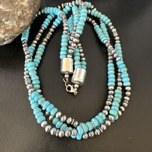 Navajo Pearls Blue Turquoise Necklace 3-Strand Sterling Silver 16305