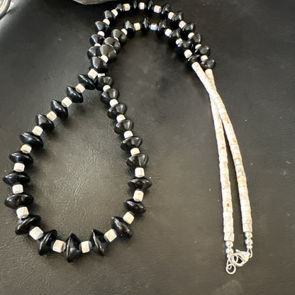 Sterling NAVAJO Black Onyx Pink Shell Silver Necklace 34” 19578