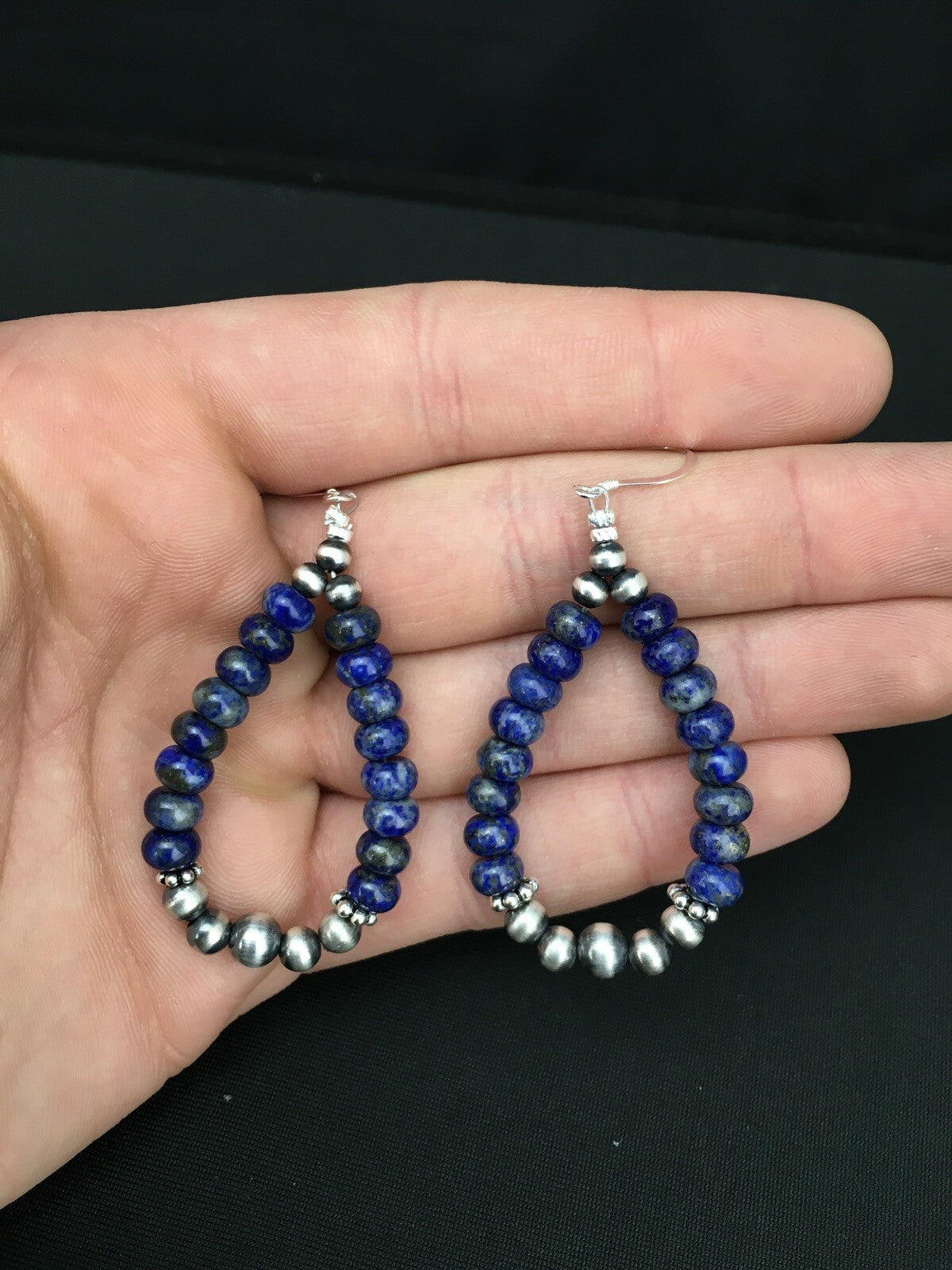 Blue Lapis Lazuli Bead Navajo Sterling Silver Dangle Earrings 2" 1250