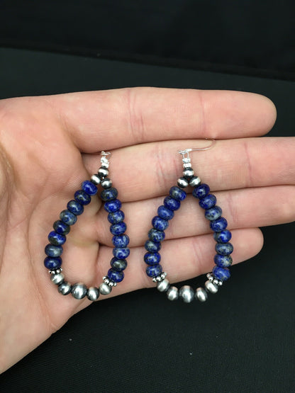 Blue Lapis Lazuli Bead Navajo Sterling Silver Dangle Earrings 2" 1250