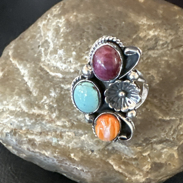 Multicolor Ring Turquoise Spiny Navajo Cluster Size 9 | Sterling Silver | Authentic Native American Handmade | 19172
