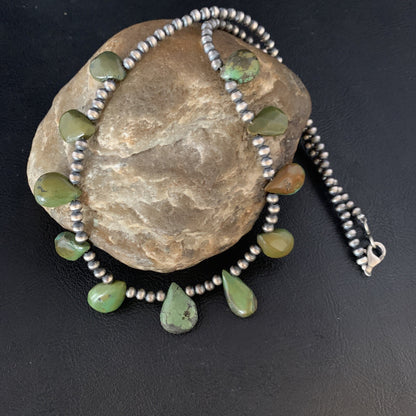 Teardrop Sterling Silver Beads Green Turquoise Necklace 20" 13508