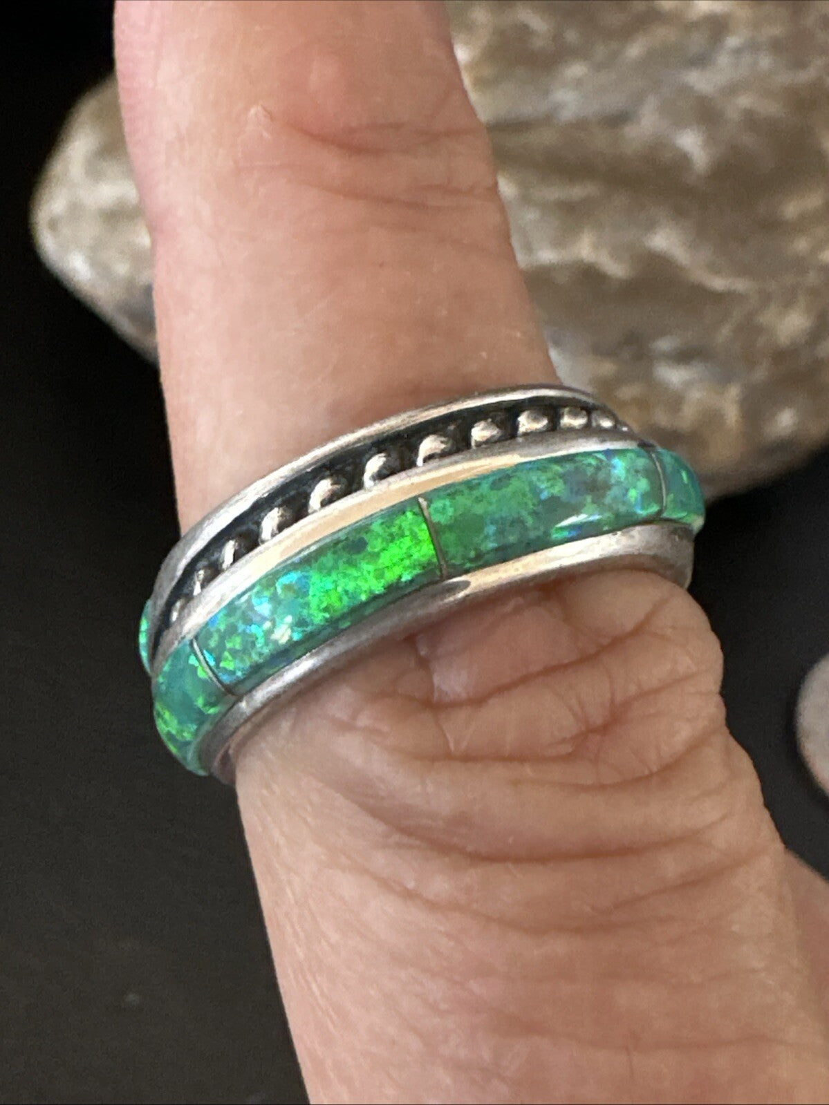 Green Opal Navajo Sterling Silver Band Inlay Ring Size 7 18809