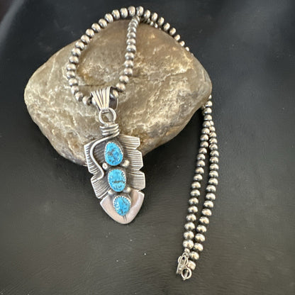 Mens Feather Kingman Turquoise Pendant Navajo Sterling Silver Necklace 17783