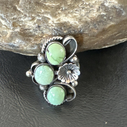 Yazzie Ring Green Turquoise Navajo Sterling Silver Cluster Size 8.5 19230
