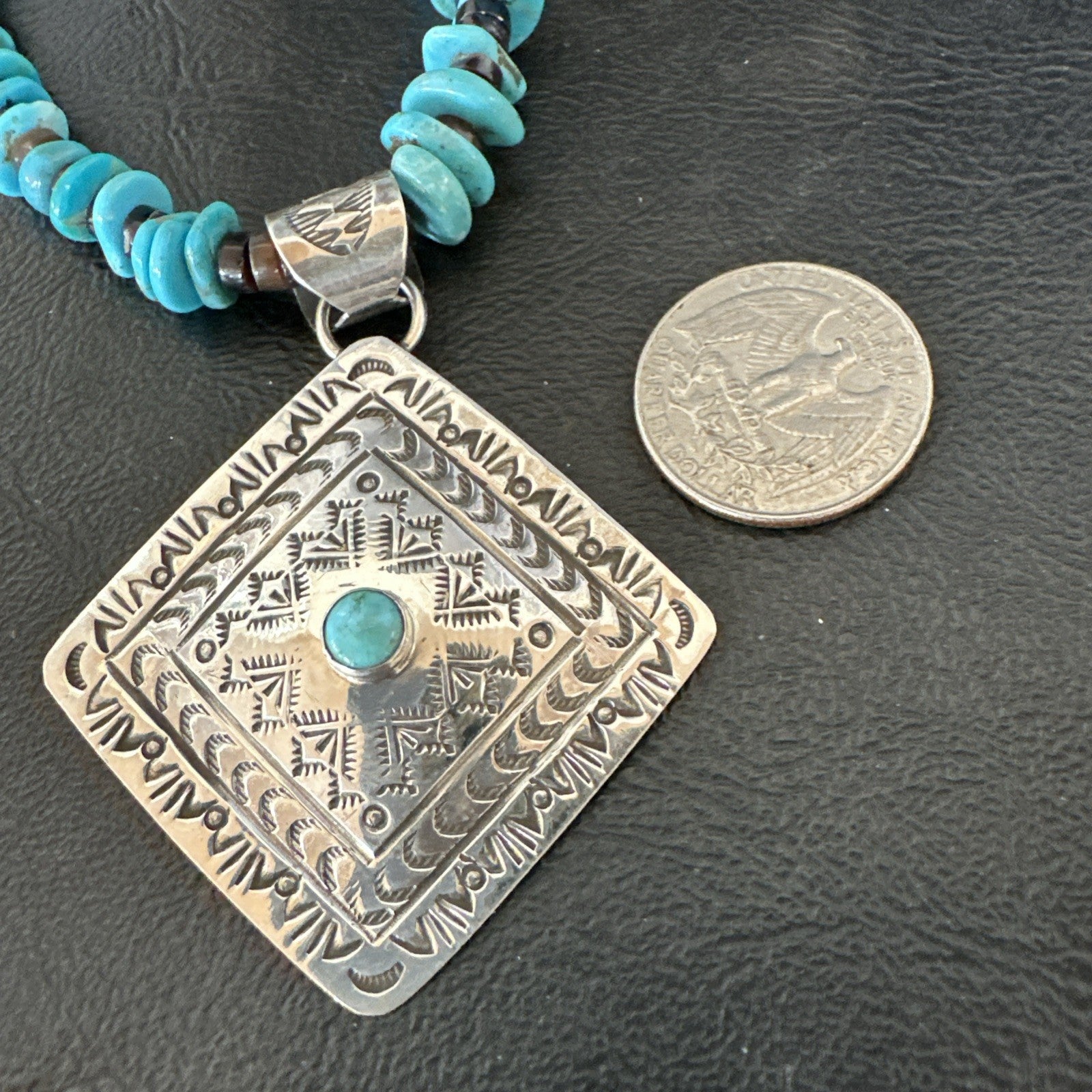 Navajo Blue Turquoise Stamped Pendant Shell Sterling Silver 25” Necklace 19709