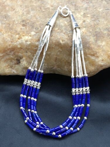 Navajo Lapis Heishi Bracelet Sterling Liquid Silver 5-Strand 7" 2934
