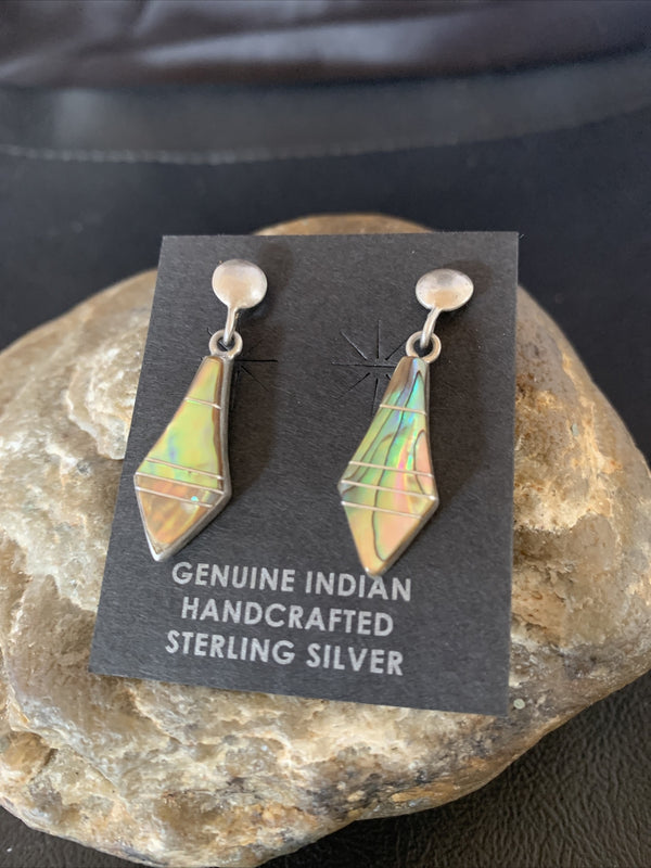 Minimalist Navajo Pava Shell Inlay Earrings 1" | Sterling Silver | Authentic Native American Handmade | 13070