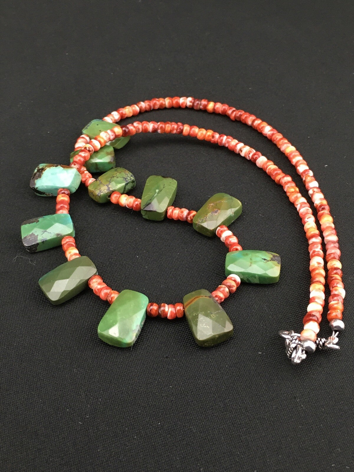 Spiny Oyster & Faceted Turquoise Navajo Sterling Silver Necklace 20" 04917