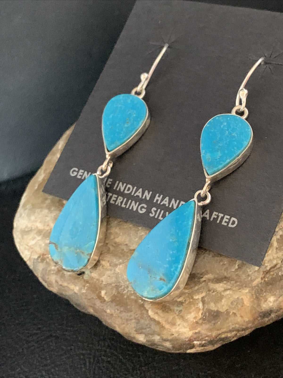 Blue Kingman Turquoise Navajo Sterling Silver Dangle Earrings 1.5" 14080