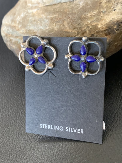 Blue Lapis Sterling Silver Multi-Stone Post Stud Inlay Earrings 0.5" 12707