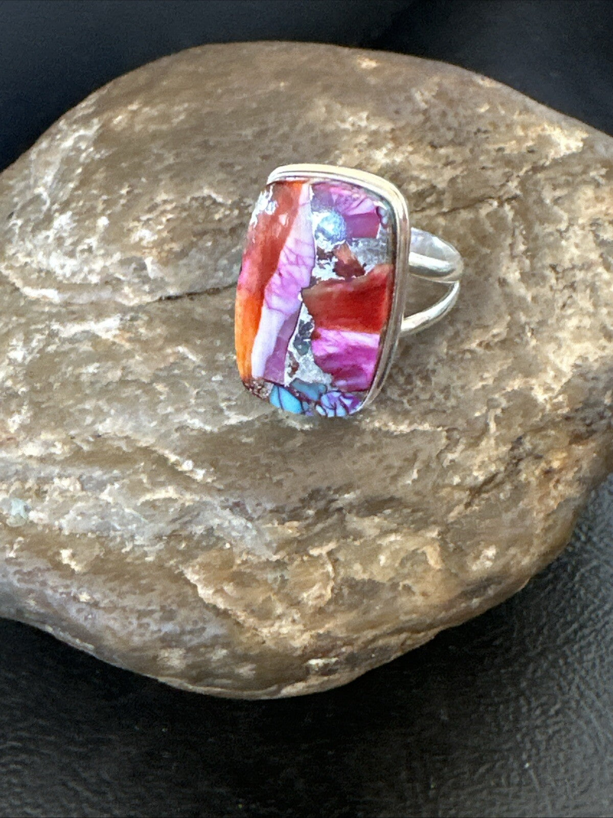 Blue Turquoise Spiny Oyster Southwestern Sterling Silver Ring Size 9 18543