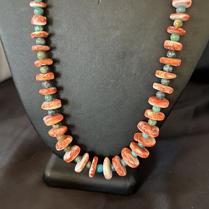 Red Spiny Oyster Green Turquoise 23” Long Navajo Sterling Silver Necklace 17762