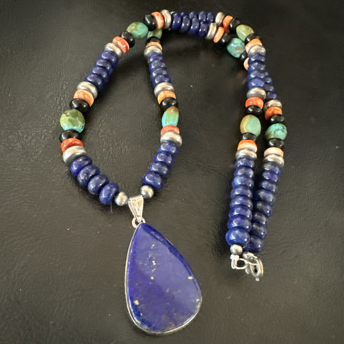 Lapis Turquoise Spiny Necklace Southwestern Sterling Silver Pendant 22” 19470