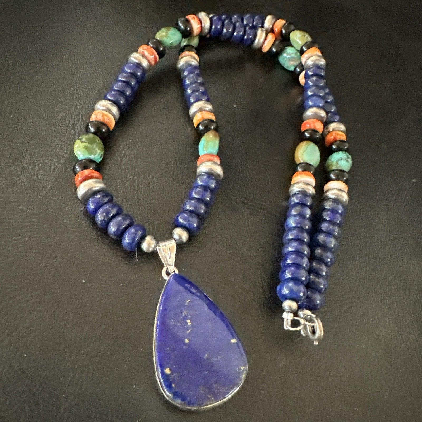 Lapis Turquoise Spiny Necklace Southwestern Sterling Silver Pendant 22” 19470